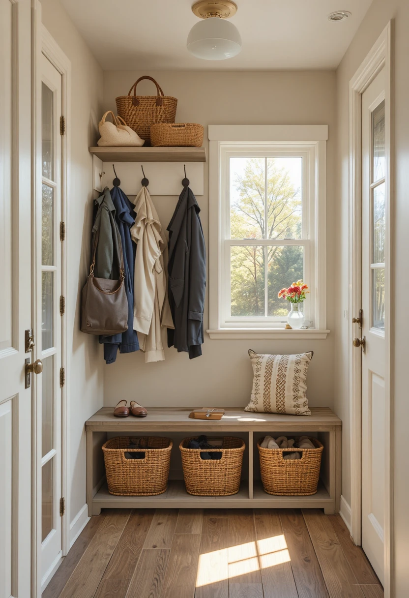 Small mudroom ideas featuring vertical hooks, a slim storage bench, and baskets in a cozy converted coat closet entryway.