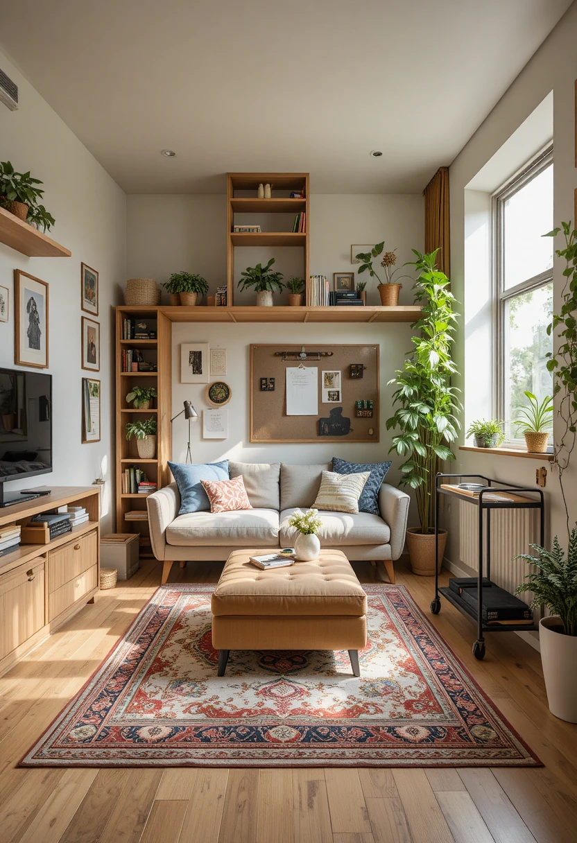 Studio apartment zoning ideas using a rug, bookshelf divider, floated furniture, and a micro-entryway.