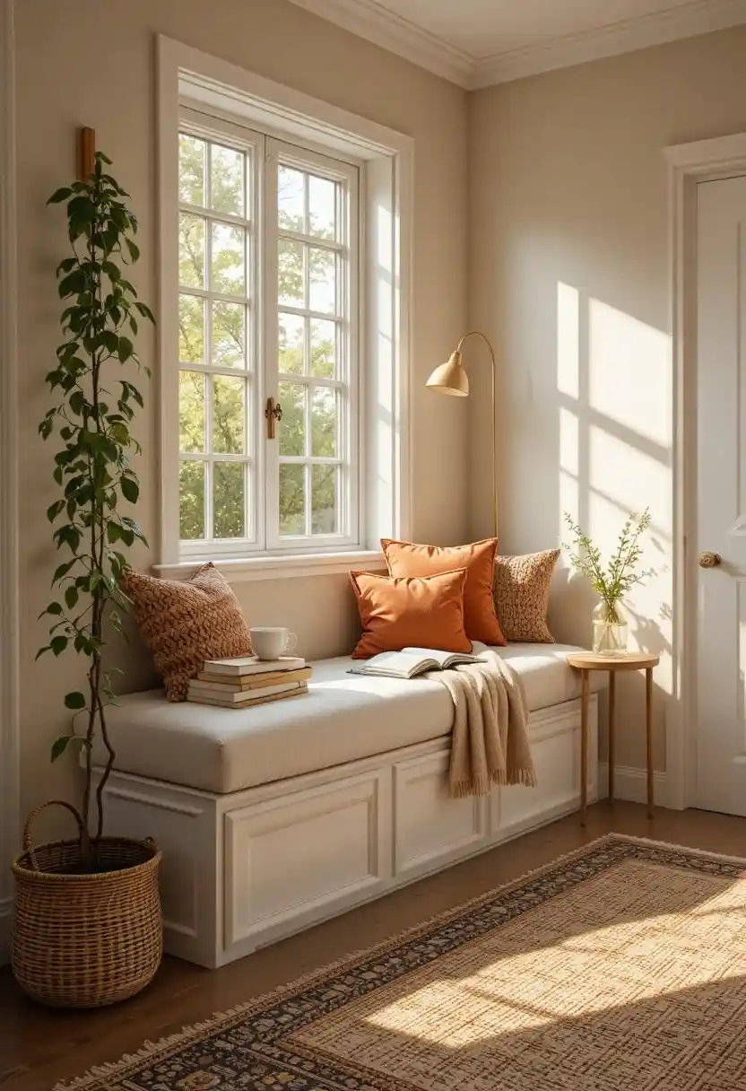 Cozy reading nook ideas featuring a window seat bench, storage ottoman, and warm layered lighting for a small-space book corner.