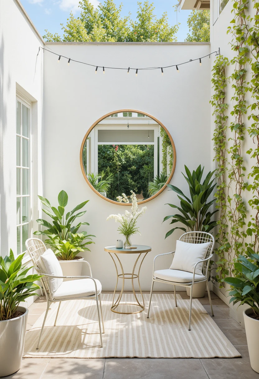 Tiny patio decor ideas with space-saving furniture, wall mirror, and vertical planters that make a small outdoor space feel twice as big.