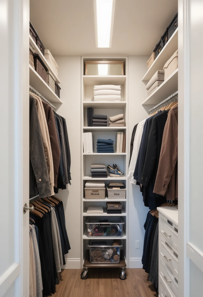 Tiny walk-in closet with floor-to-ceiling shelving, double hanging rods, and clear bins showing smart tiny walk-in closet organization ideas.