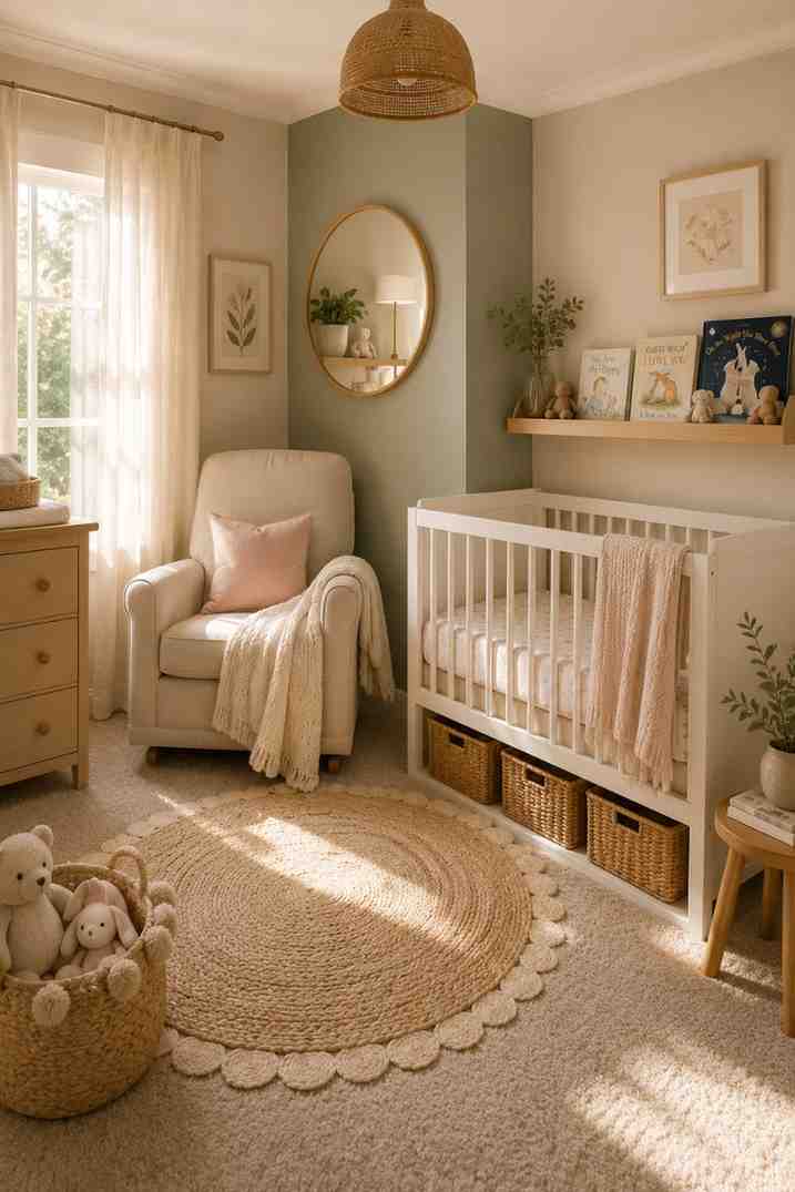 Small nursery design idea with a soft accent wall, folding glider, and space-saving storage for a cozy baby room