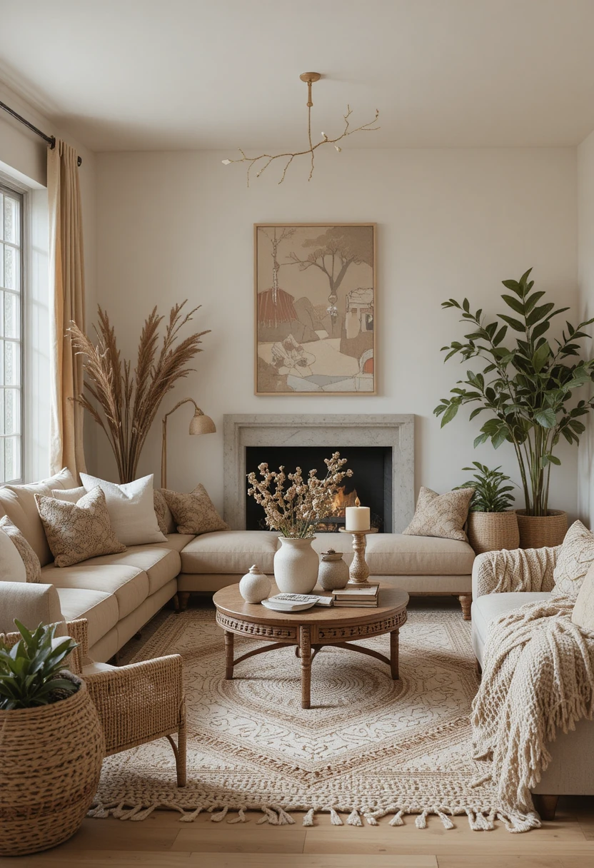 Alt Text for Feature Image: Earthy living room aesthetic with warm neutral tones, natural textures, and cozy decor creating a serene home sanctuary