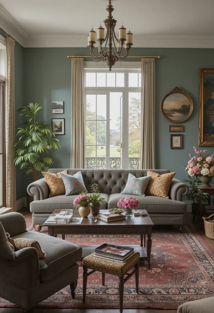 "14 Vintage Living Room Decor Ideas – Timeless Charm with Velvet Sofa, Antique Rug, and Curated Vintage Accents"