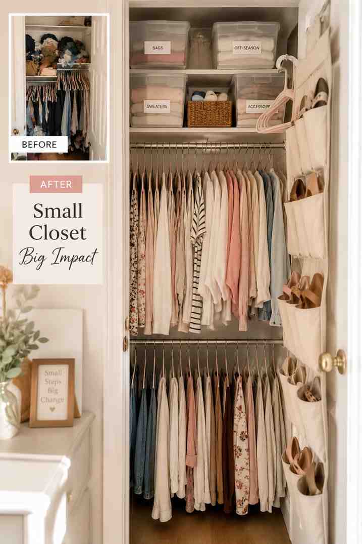 Small closet organization ideas showing vertical storage, slim hangers, baskets, and labeled bins for a neat, space-saving wardrobe.