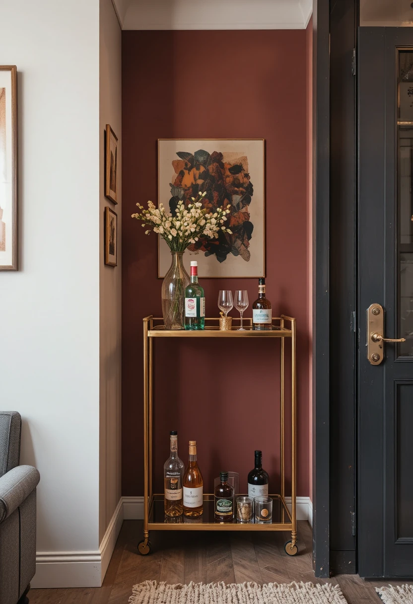 14 tiny bar cart ideas featuring a narrow brass cart, corner cocktail nook, hanging glassware, and vertical wine rack styling to create a small-space cocktail lounge.
