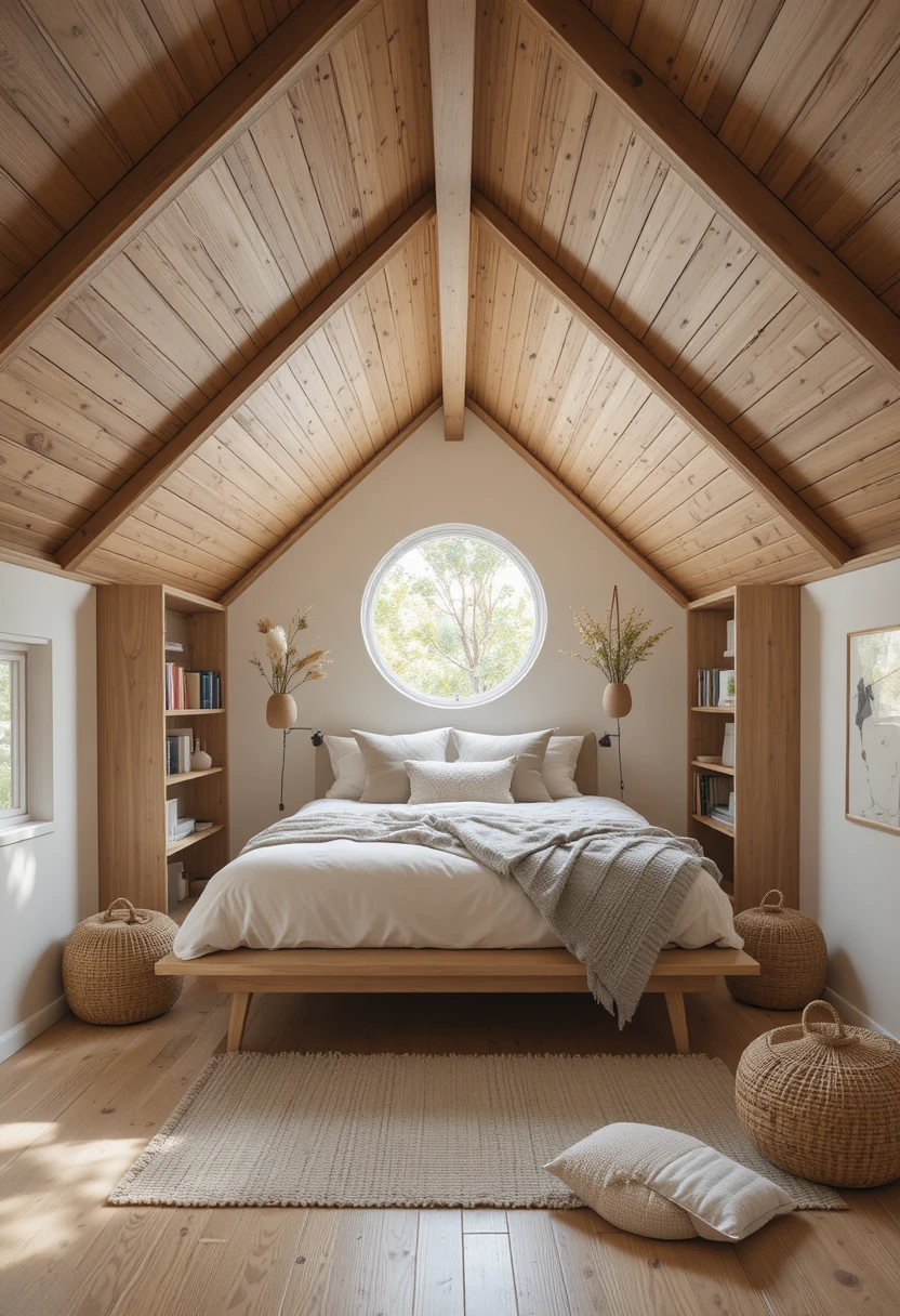 Tiny loft bedroom with low-profile bed, sloped ceiling storage, and light neutral decor maximizing small space design