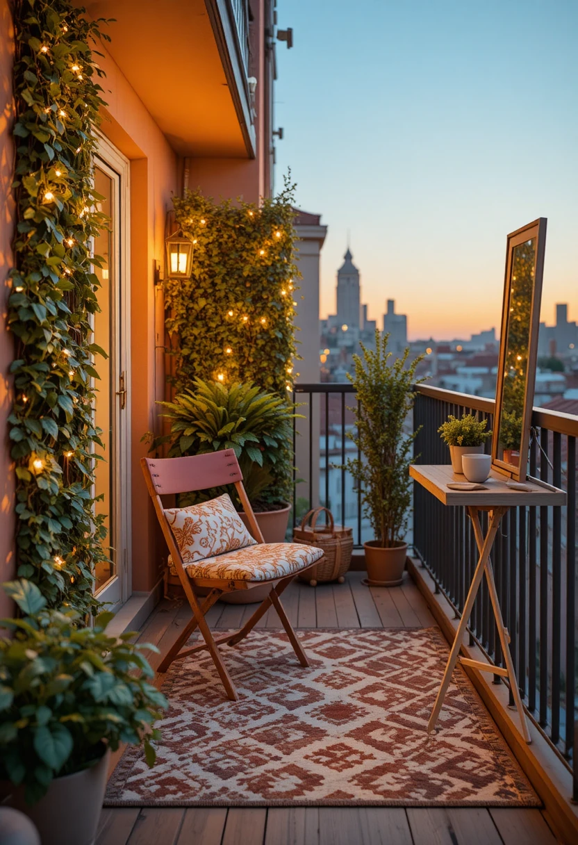 15 tiny balcony decor ideas with a patterned rug, foldable furniture, vertical greenery, and string lights to make a small balcony feel twice as big