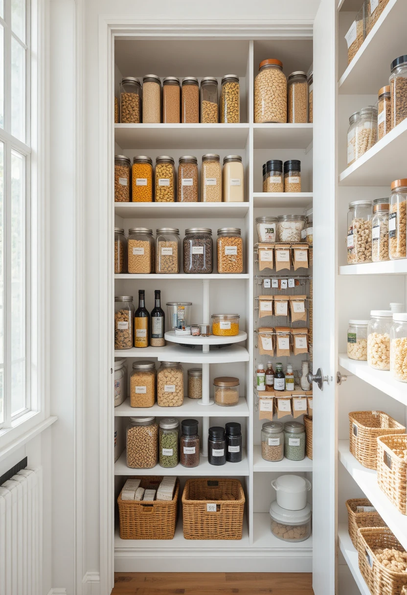 Tiny pantry organization ideas with clear containers, shelf risers, and labeled bins to make a small pantry feel twice as big.