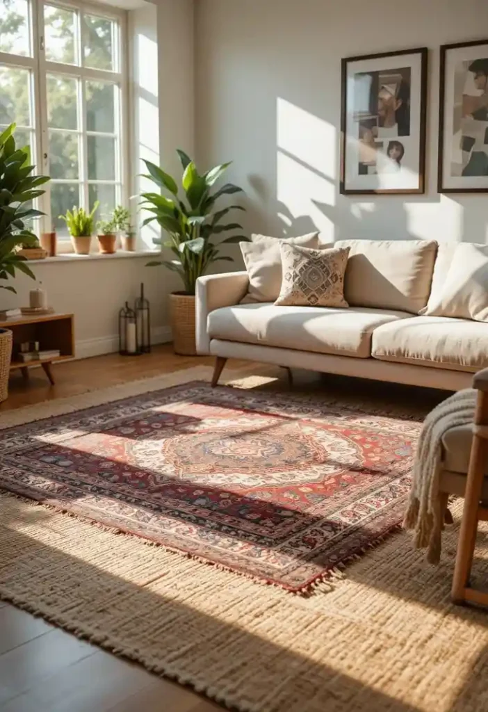 Layer a Small Rug Over a Larger Neutral One for Instant Depth Throw Rug Ideas
