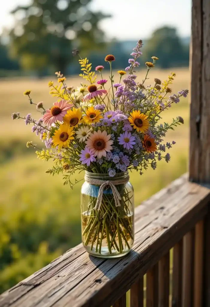 Rustic Mason Jar Wildflowers Floral Arrangement Ideas