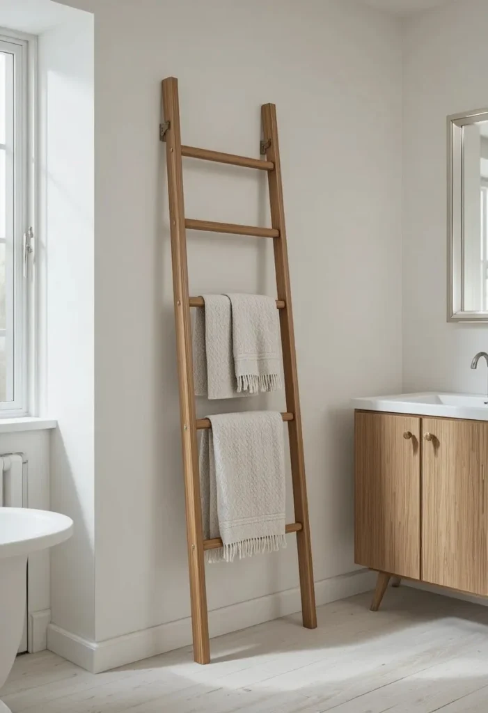 Use a Ladder or Bar Instead of a Bulky Towel Cabinet Tiny Bathroom Ideas
