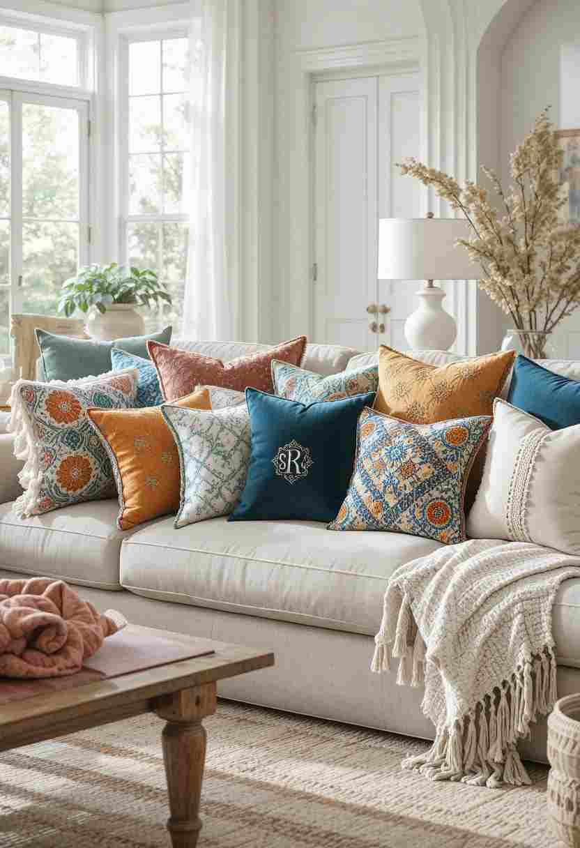 Stylish throw pillow cover ideas including textured neutrals, boho tassels, velvet jewel tones, and linen envelope covers for modern home decor styling." creat one prompt 12 Throw Pillow Cover Ideas to Instantly Refresh Any Room A beautifully styled neutral-toned sofa in a bright, airy living room showcasing an eclectic mix of twelve distinct throw pillow covers arranged in an inviting layered display, featuring varied textures and styles including plush velvet in deep jewel tones, chunky knit and crochet, linen envelope covers, tasseled boho fringe, block-printed patterns, reversible ombre fabric, and an embroidered monogrammed accent, soft natural window light highlighting the rich diversity of textures and colors from cream and terracotta to emerald and sapphire, warm wooden coffee table and a folded knit throw blanket completing the cozy composition, high-resolution editorial home decor photography with a fresh, inspiring, and instantly refreshing atmosphere perfect for a blog feature image.