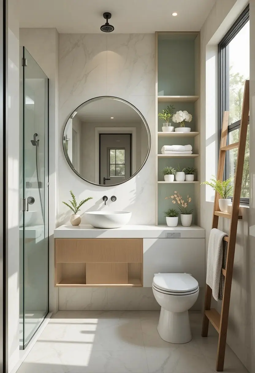 Small bathroom design ideas featuring a floating vanity, walk-in glass shower, and bright reflective decor to make a compact space feel bigger