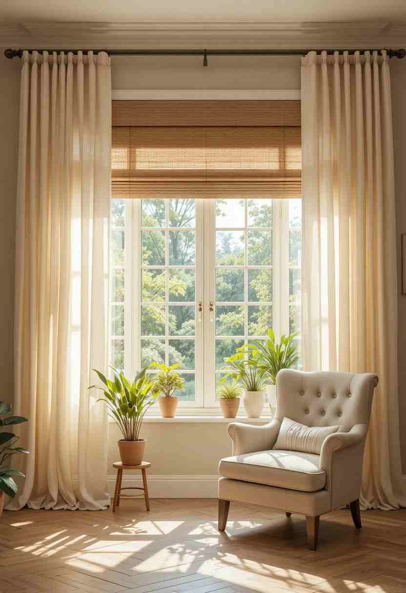 Modern living room with layered window treatments including sheer curtains and wooden roman shades, showcasing stylish window treatment ideas for home decor.