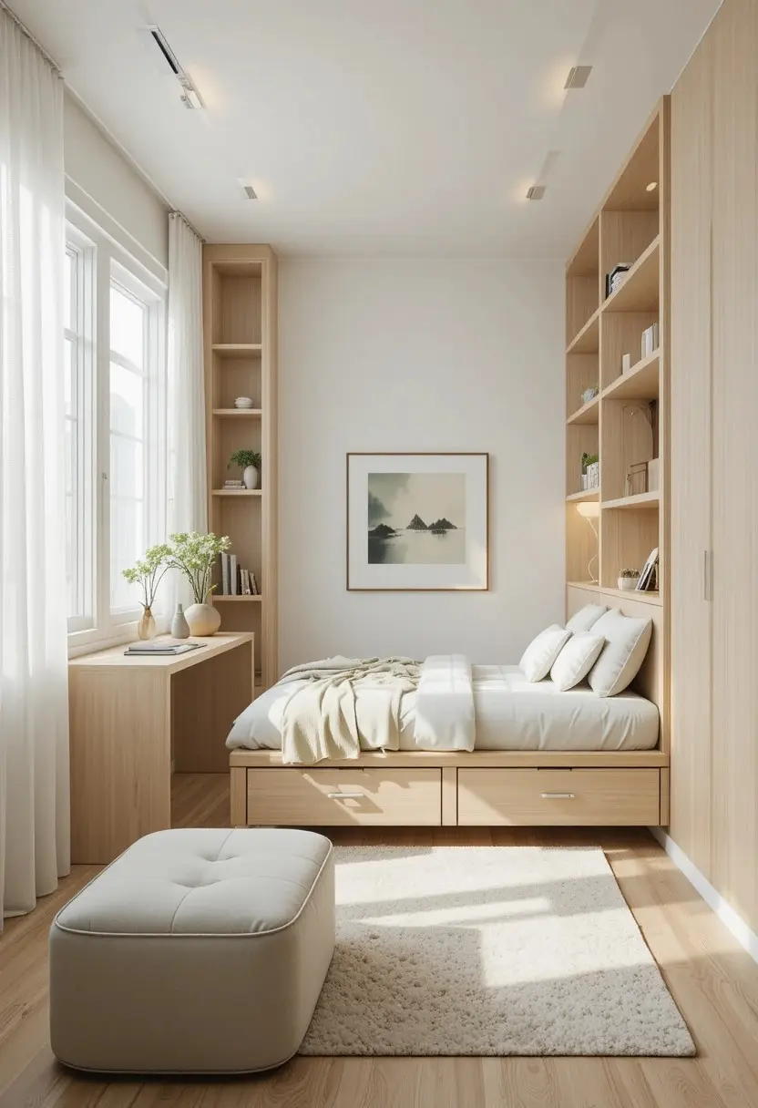 Small bedroom with space-saving furniture, platform bed storage, and light neutral decor 22 tiny bedroom ideas to make small spaces feel bigger